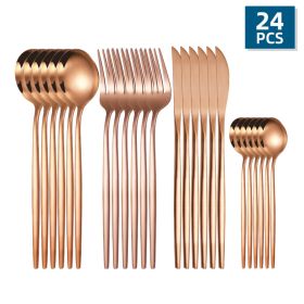 24pcs/Set Stainless Steel Cutlery; Portuguese Cutlery Spoon; Western Cutlery Set (Color: Rose gold)